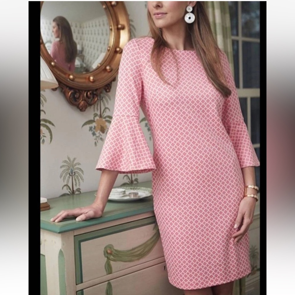 Tyler Boe Jenny Bell Sleeve Pink & White Dress Sz Small